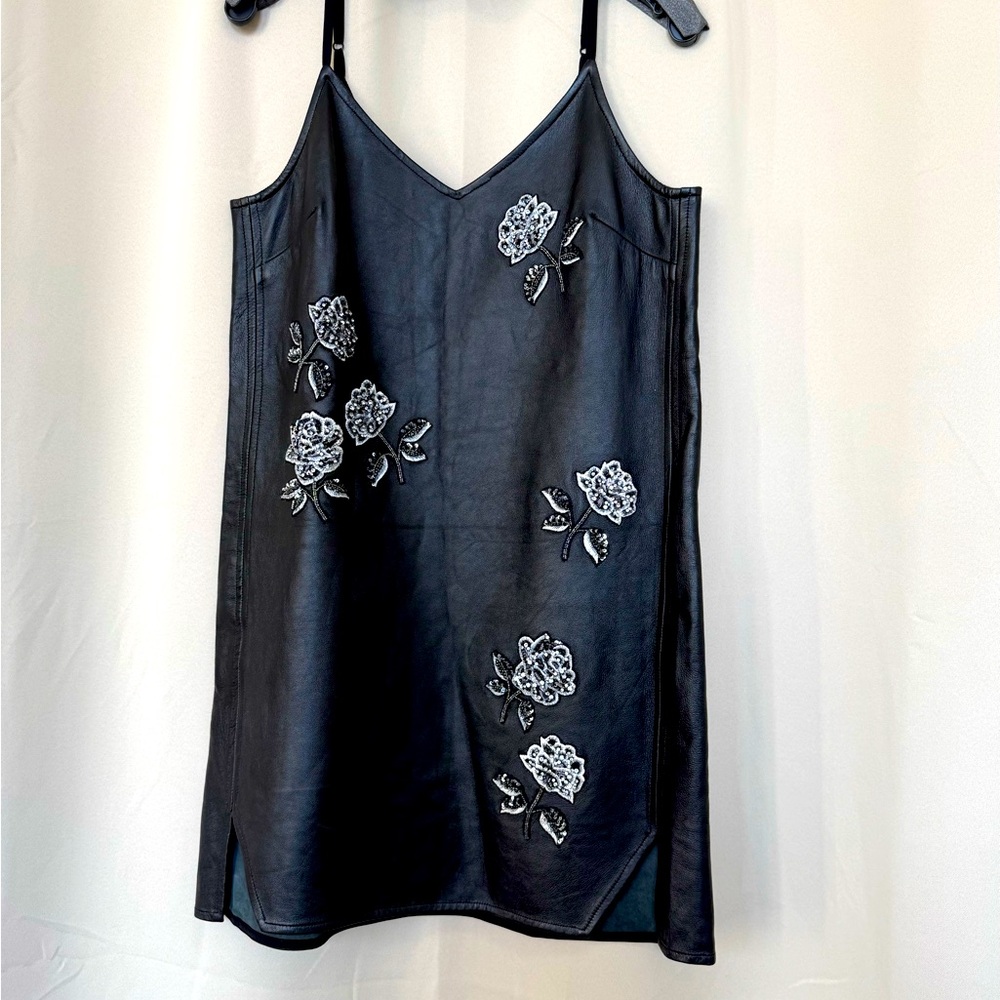 Nicole Miller Leather Black Slip Dress with Floral Embellished Embroidery